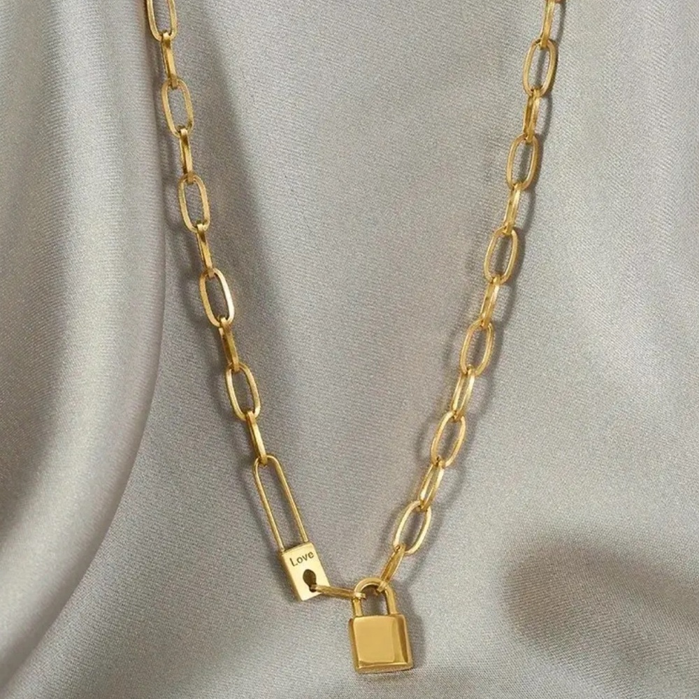 Stainless Steel Letter Love Lock Pendant Thick Chain Necklace - Picture 2 of 3